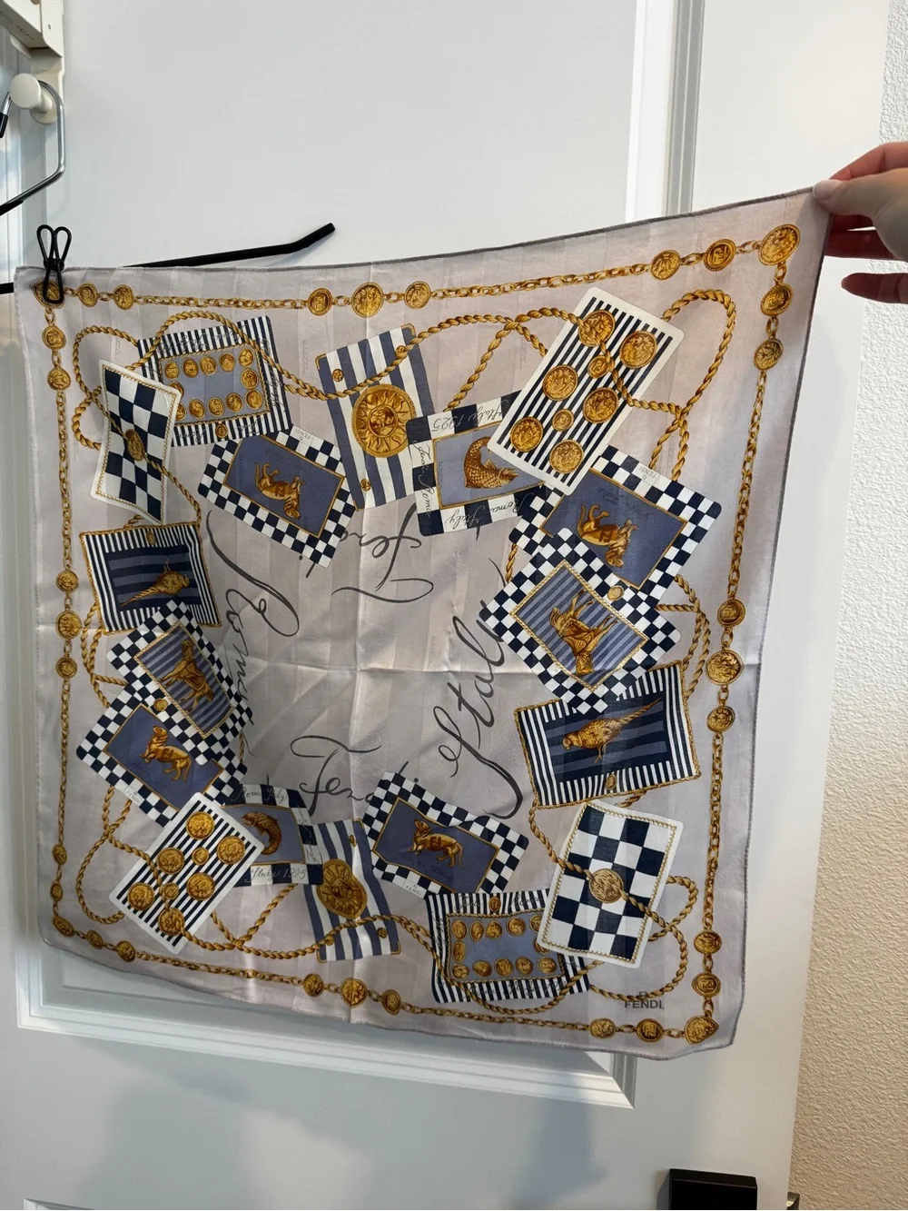 Fendi Beige, Navy & Gold Chain Motif Silk Scarf - Picture 4 of 10